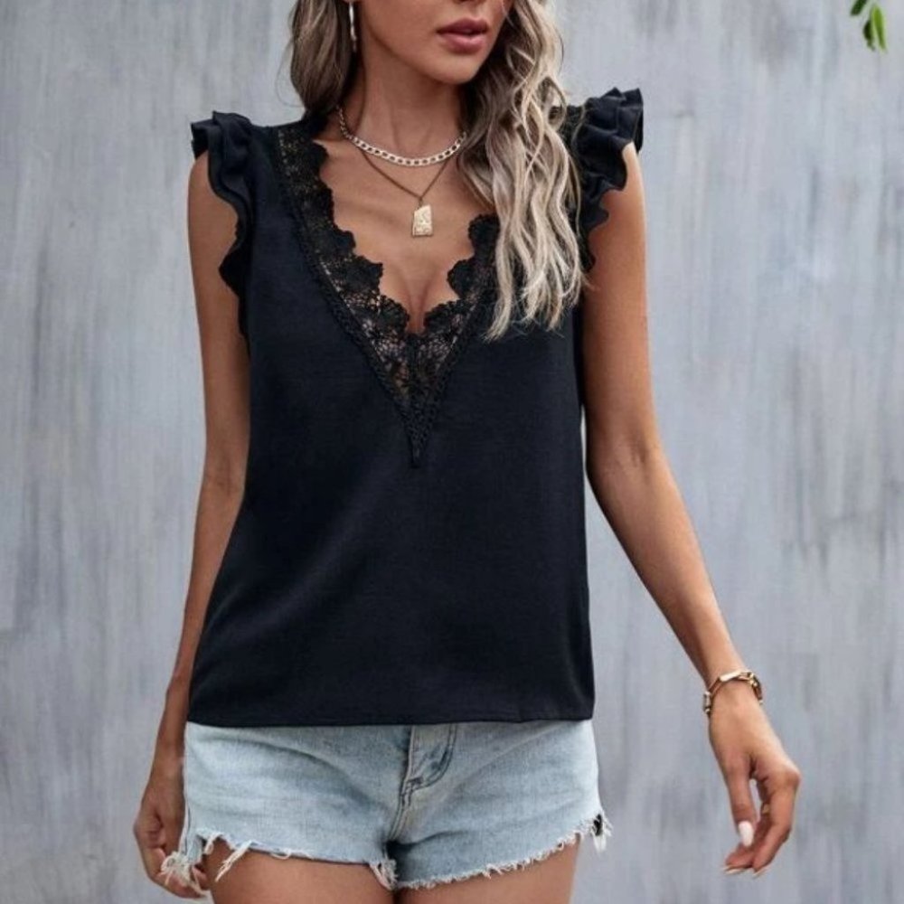 Boho  Plunging Neck Lace Trim Ruffle Sleeve Blouse black - Picture 2 of 6